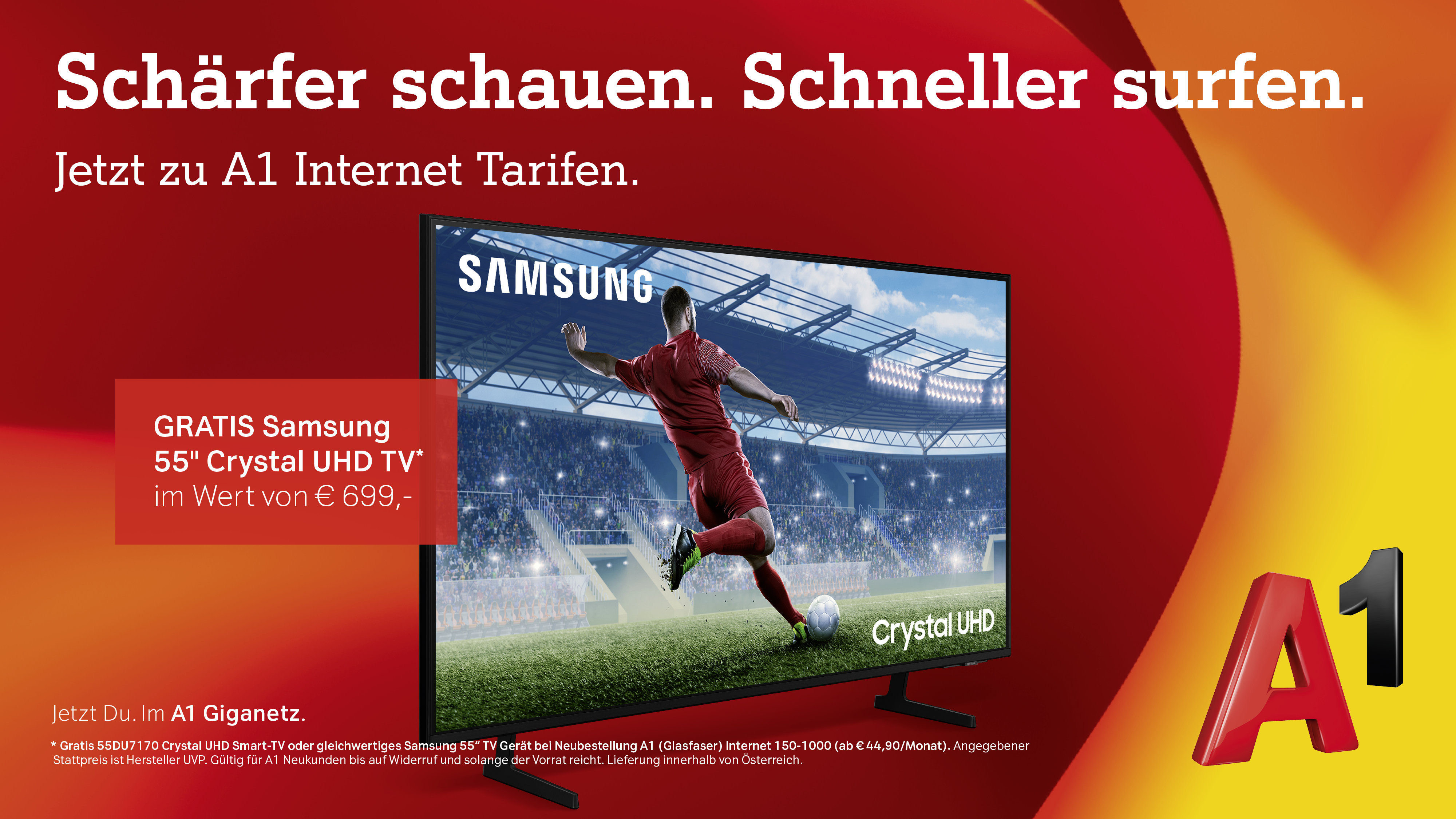 Schärfer schauen. Schneller surfen mit A1 Glasfaser. Jetzt mit GRATIS Samsung 55 Zoll Crystal UHD TV.