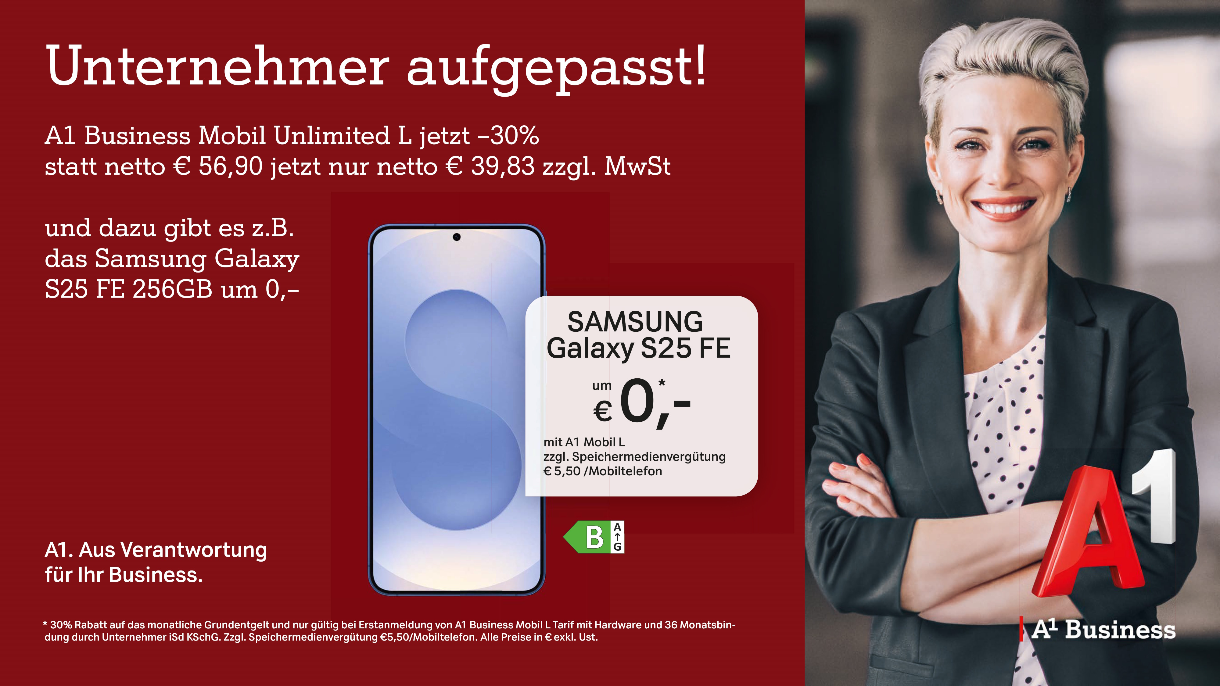 Unternehmer aufgepasst! A1 Business Mobil Unlimited L jetzt -30% statt netto €56,90 jetzt nur netto €39,83 zzgl. MwSt