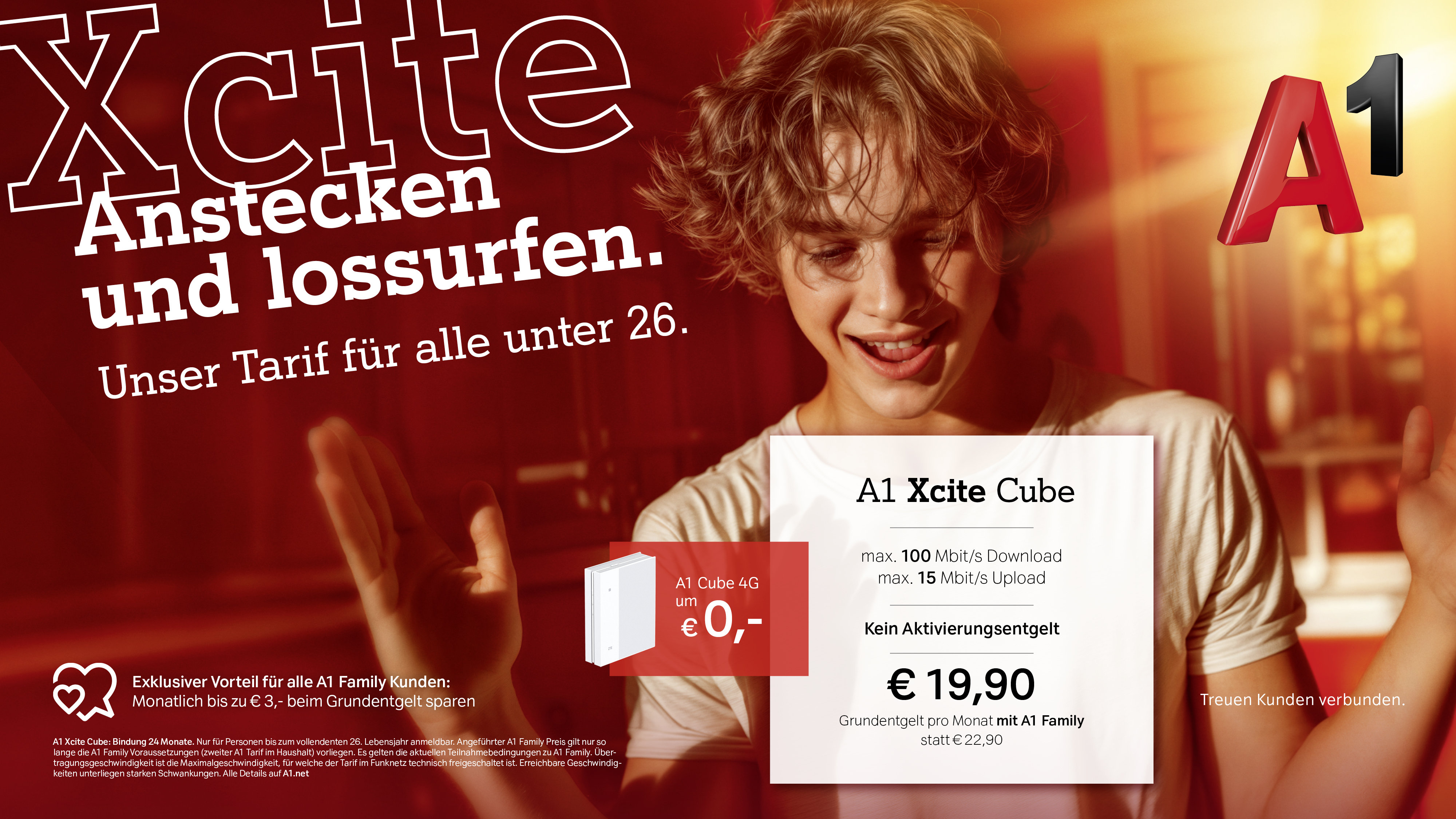 A1 Xcite Cube. Unser Tarif für alle unter 26 Jahren, inkl. kostenlosem A1 Cube 4G jetzt um 19.90 Euro im Monat.