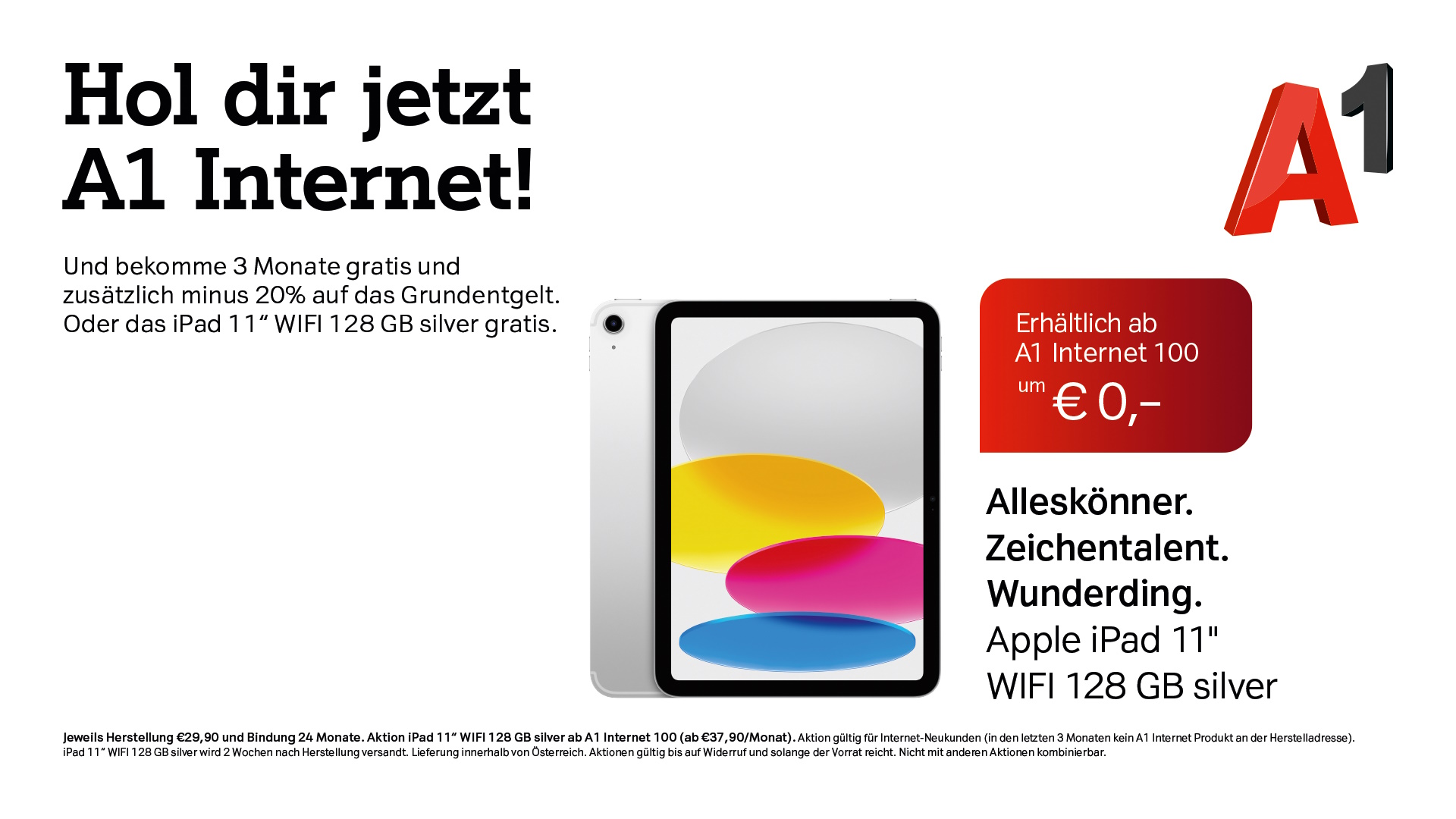 Hol dir jetzt A1 Internet! Und bekomme 3 Monate gratis und zusätzlich minus 20% auf das Grundentgelt