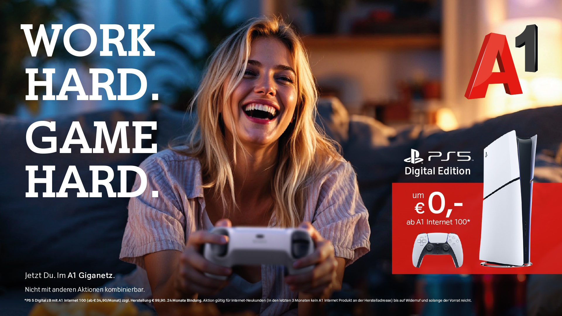 WORK HARD. GAME HARD. PS5 Digital Edition um €0,- ab A1 Internet 100